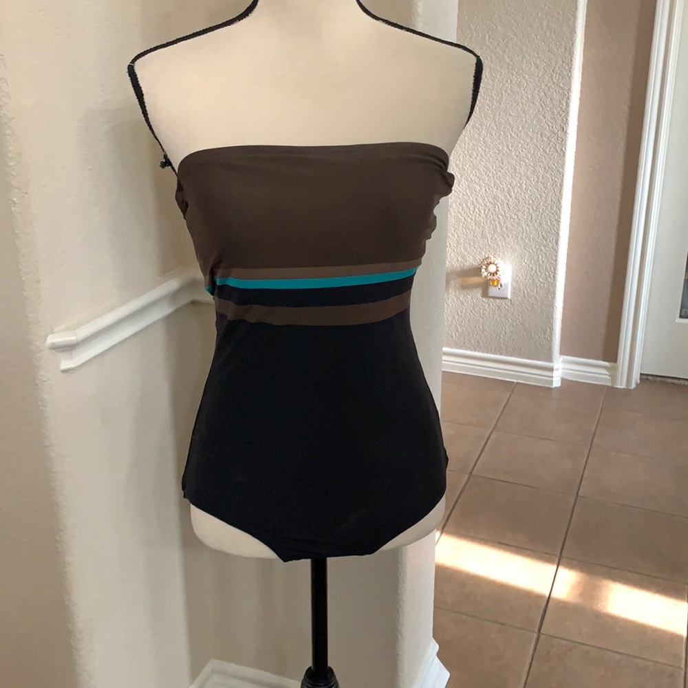 DKNY black, brown & teal striped one piece swimsuit halter Size M - Picture 1 of 17